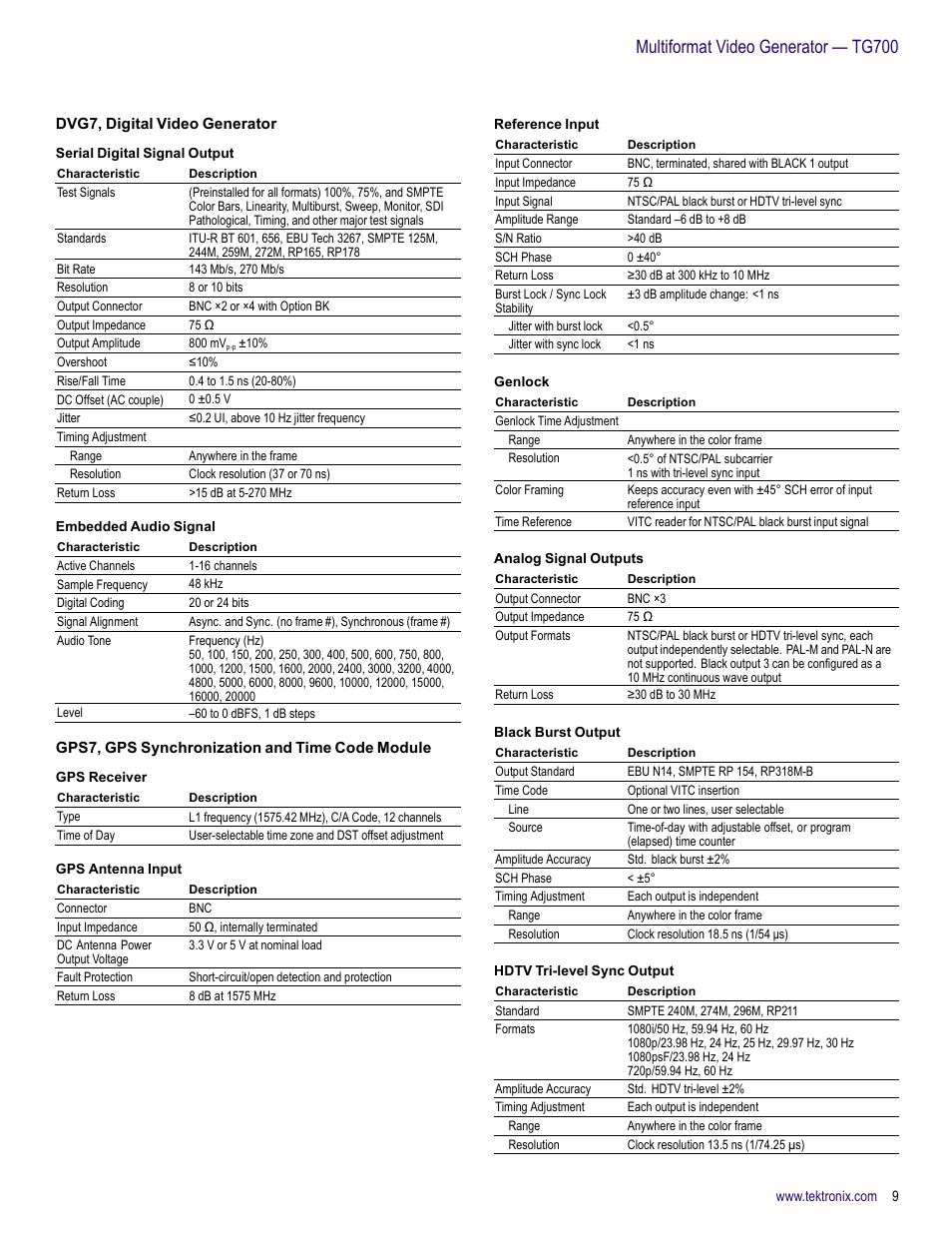 Dvg7, digital video generator, Gps7, gps synchronization and time code module, Multiformat video generator — tg700 | Atec Tektronix-TG700 User Manual | Page 9 / 16