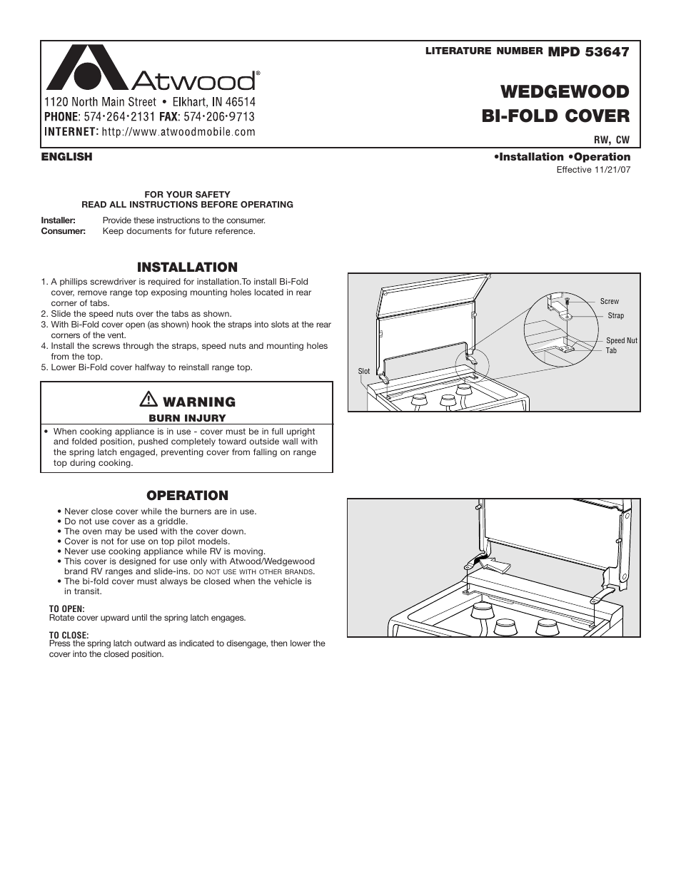 atwood WEDGEWOOD BI-FOLD COVER RW, CW User Manual | 1 page