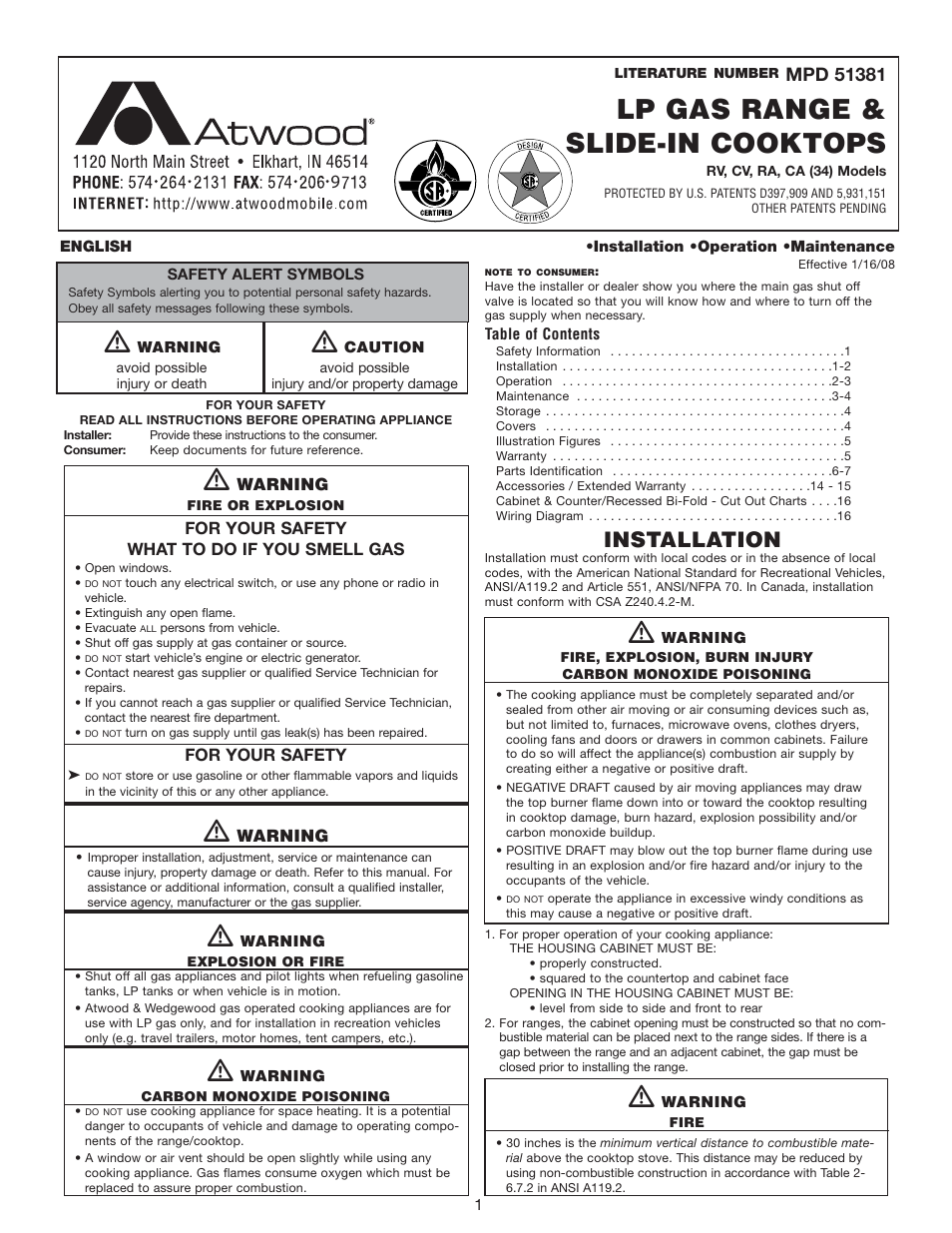 atwood LP GAS RANGE & SLIDE-IN COOKTOPS RV, CV, RA, CA (34) User Manual | 8 pages