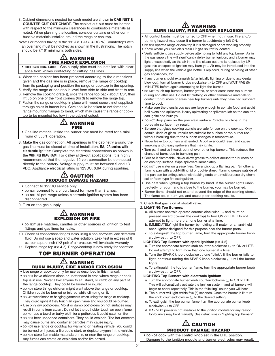 Top burner operation | atwood LP GAS RANGE & SLIDE-IN COOKTOPS RV, CV, RA, CA (34) User Manual | Page 2 / 8