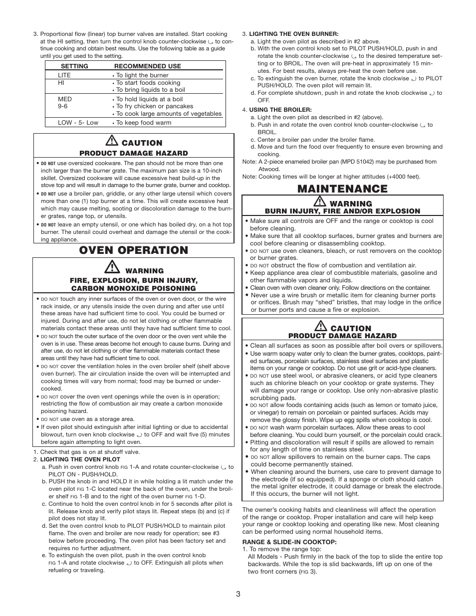 Oven operation, Maintenance | atwood LP GAS RANGE & SLIDE-IN COOKTOPS RV, CV, RA, CA (34) User Manual | Page 3 / 8