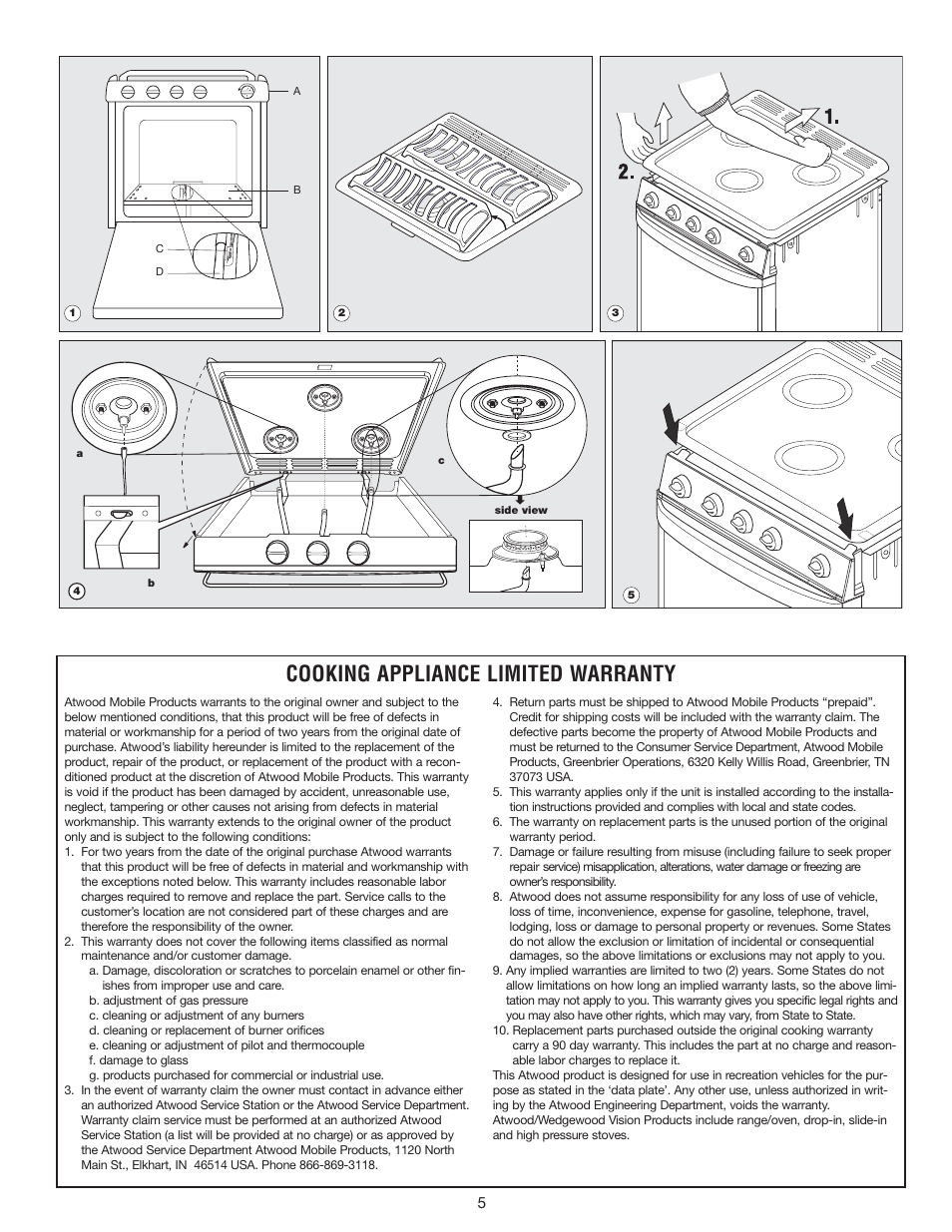 Cooking appliance limited warranty | atwood LP GAS RANGE & SLIDE-IN COOKTOPS RV, CV, RA, CA (34) User Manual | Page 5 / 8