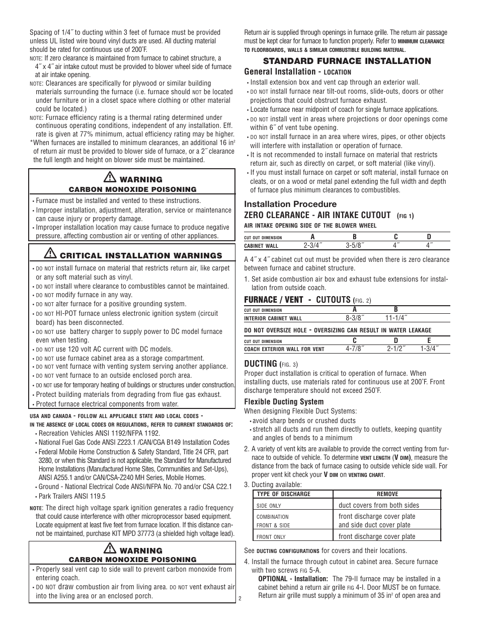 Standard furnace installation general installation, Furnace / vent - cutouts, Ducting | atwood 8000-II Series Furnace User Manual | Page 2 / 5