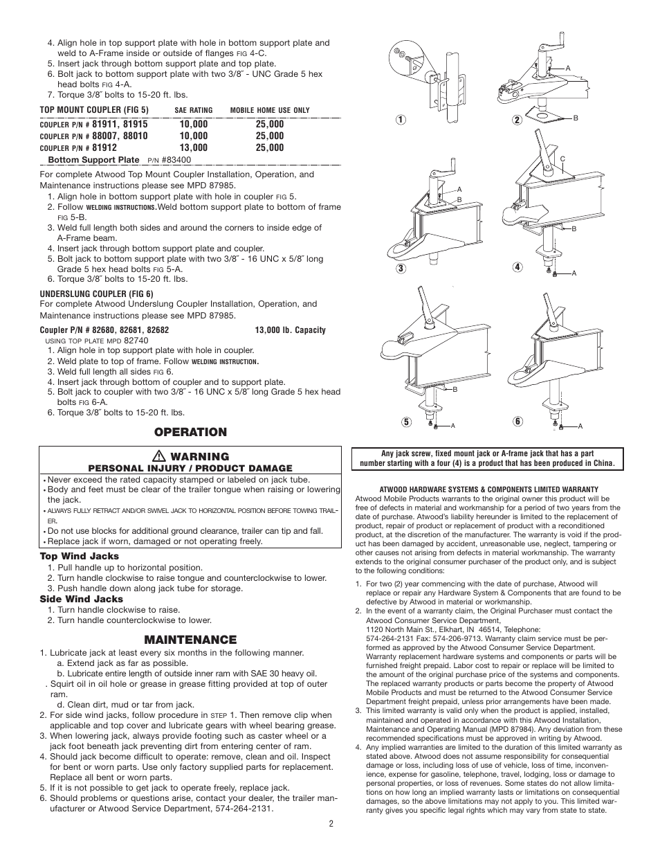Operation, Maintenance, Warning | atwood A-Frame Jacks User Manual | Page 2 / 2