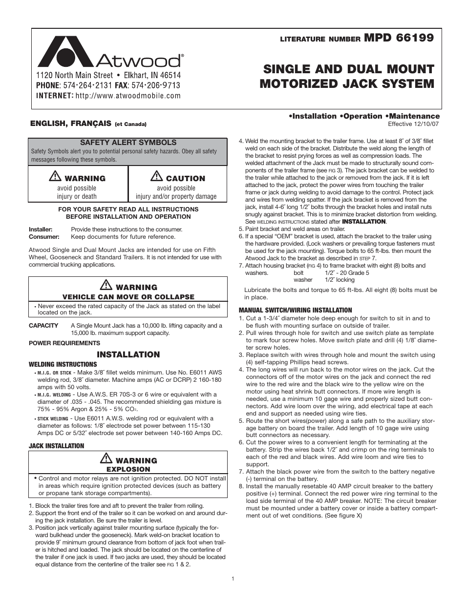 atwood Single and Dual Mount Motorized Jack System User Manual | 5 pages