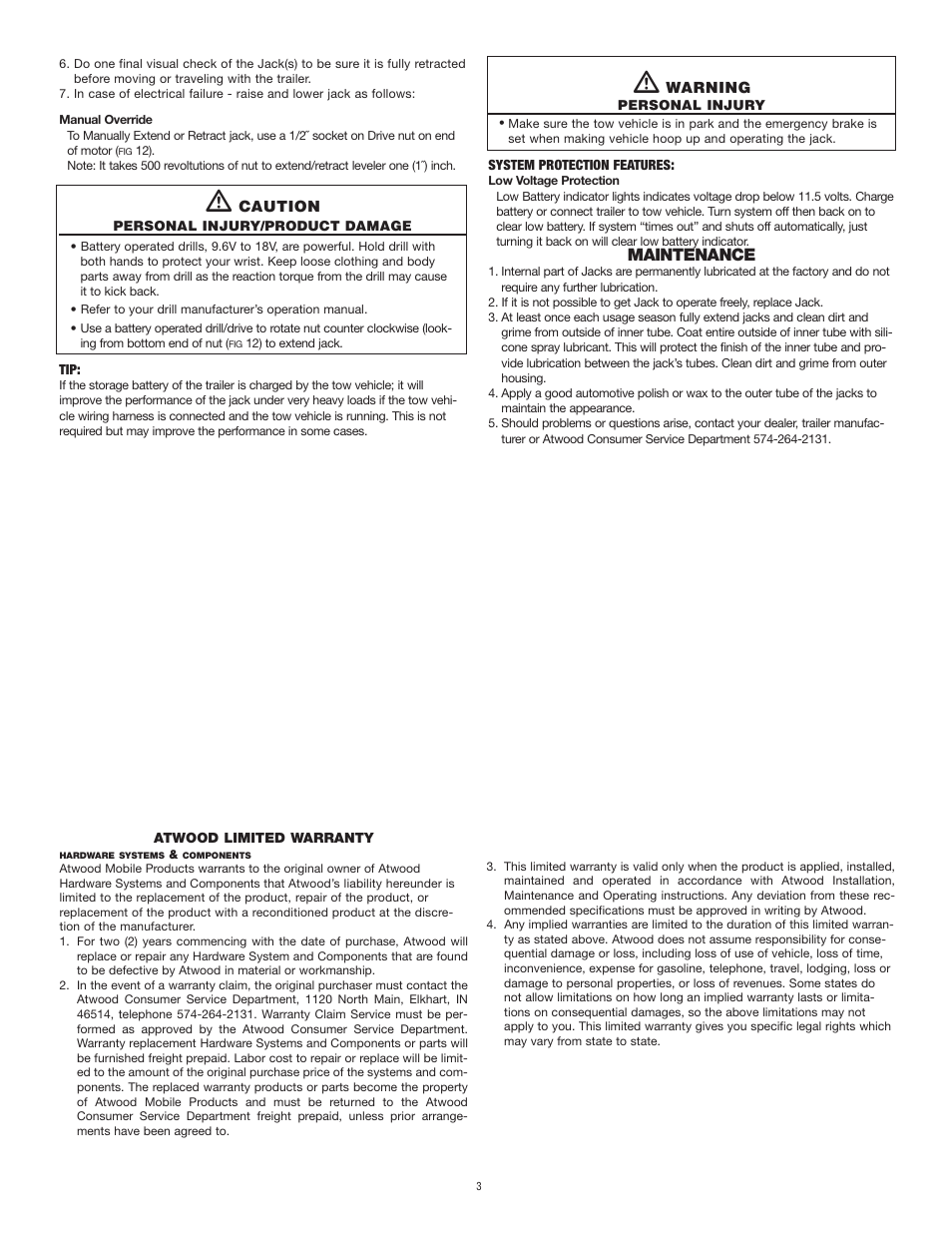 Maintenance | atwood Single and Dual Mount Motorized Jack System User Manual | Page 3 / 5
