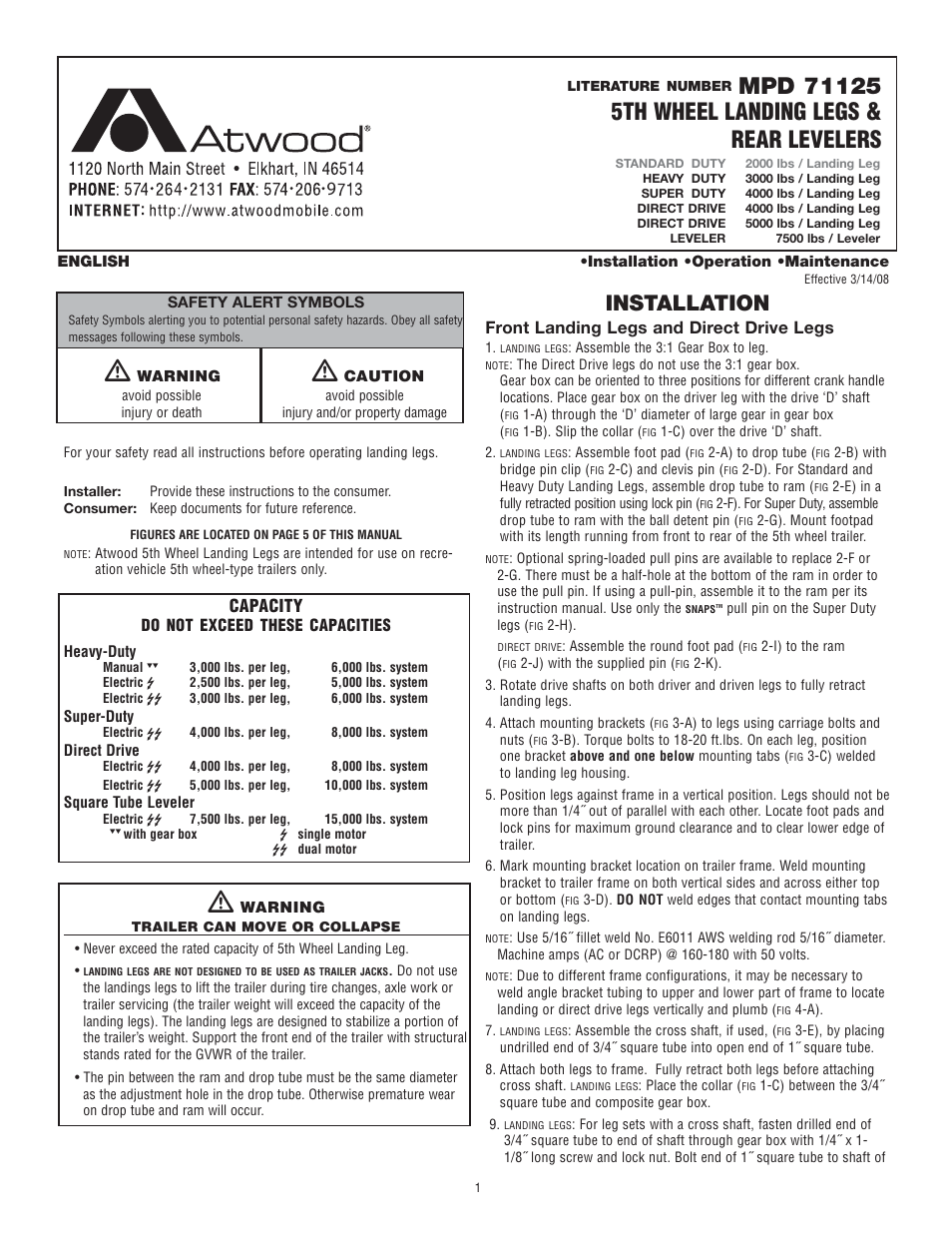 atwood Landing Legs User Manual | 7 pages
