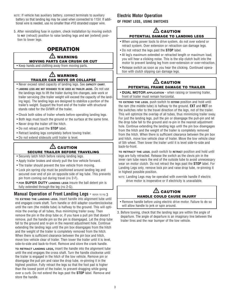 Operation, Manual operation of front landing legs, Electric motor operation | atwood Landing Legs User Manual | Page 3 / 7