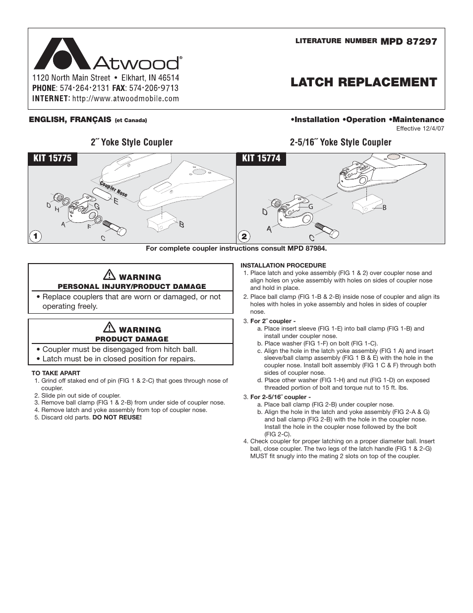 atwood Latch Replacement User Manual | 1 page