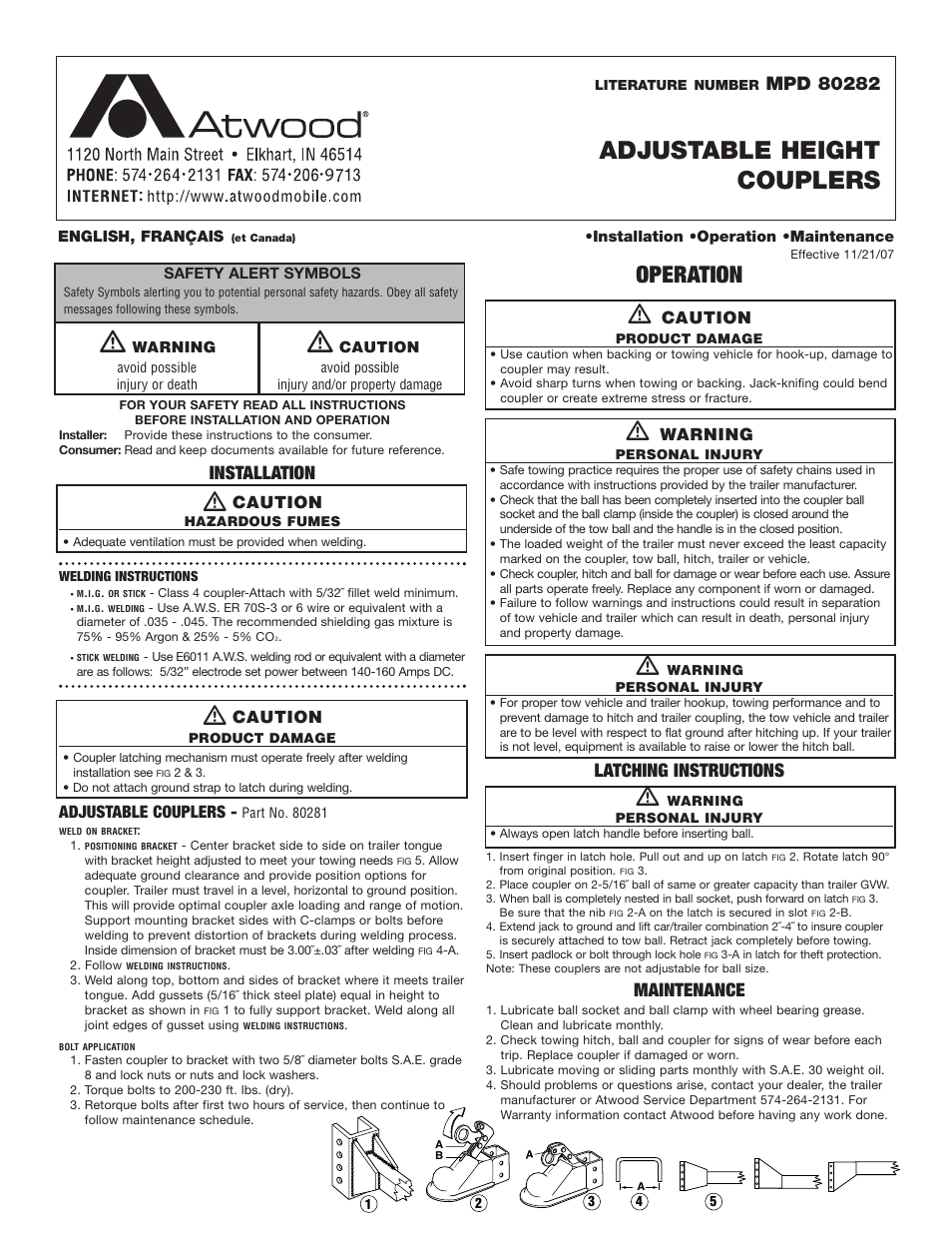 atwood Adjustable Height Couplers User Manual | 1 page