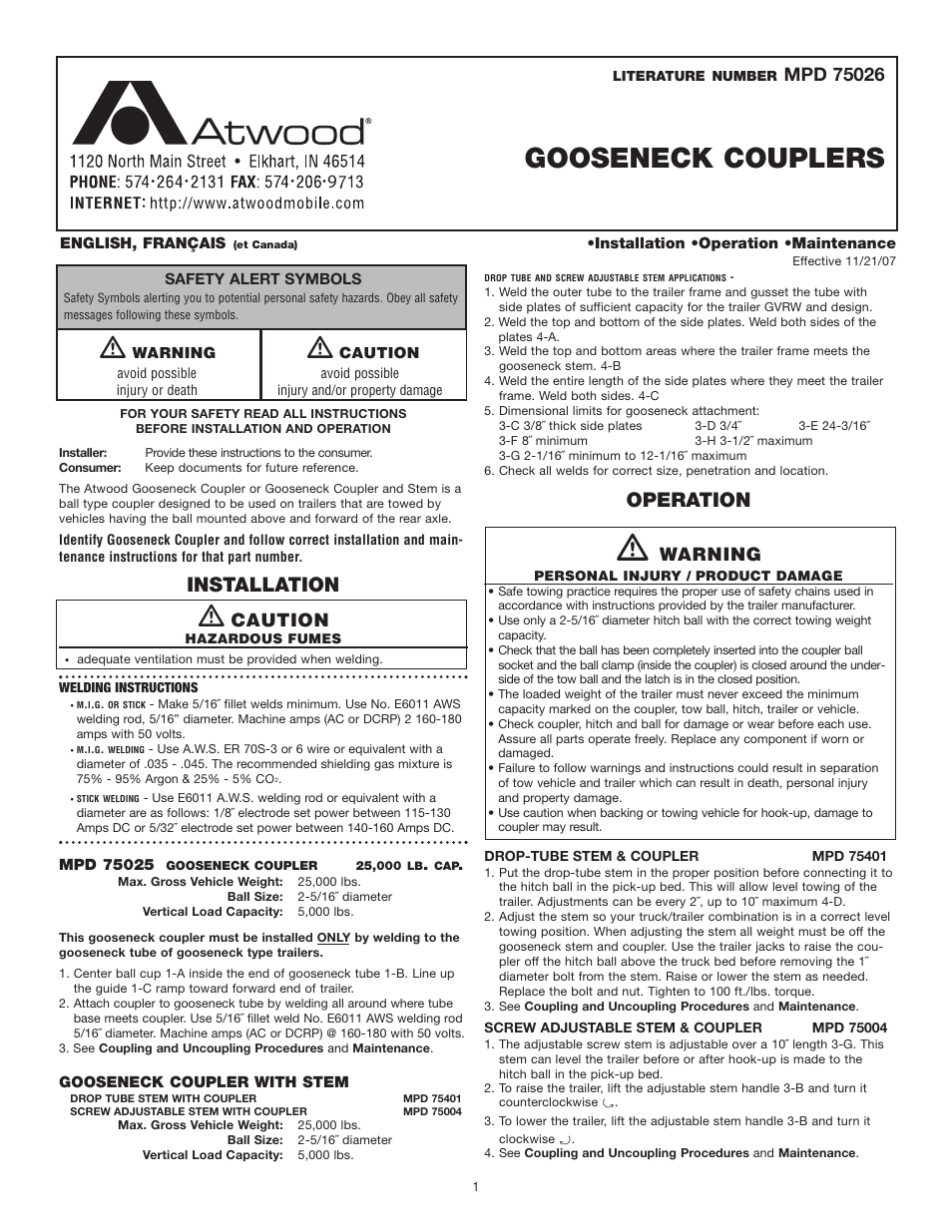 atwood Gooseneck Couplers User Manual | 3 pages