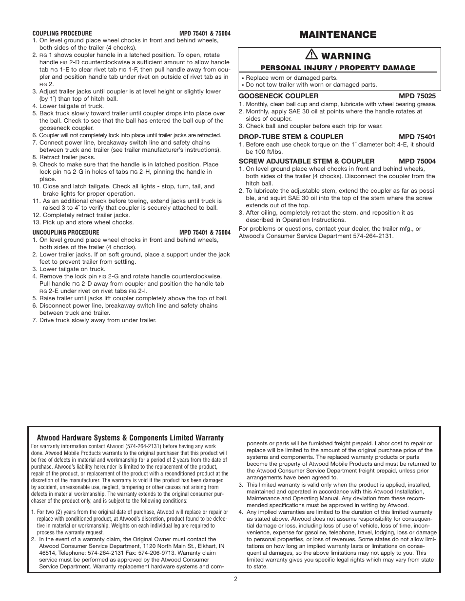 Maintenance, Warning | atwood Gooseneck Couplers User Manual | Page 2 / 3