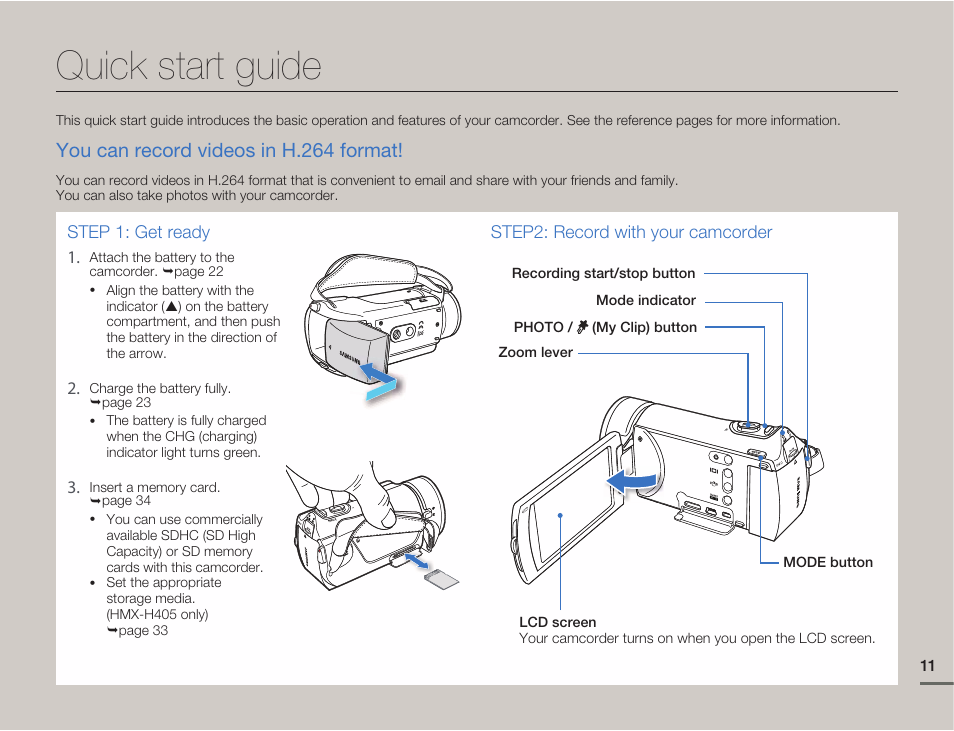 Quick start guide, You can record videos in h.264 format | Samsung HMX-H405BP User Manual | Page 11 / 121
