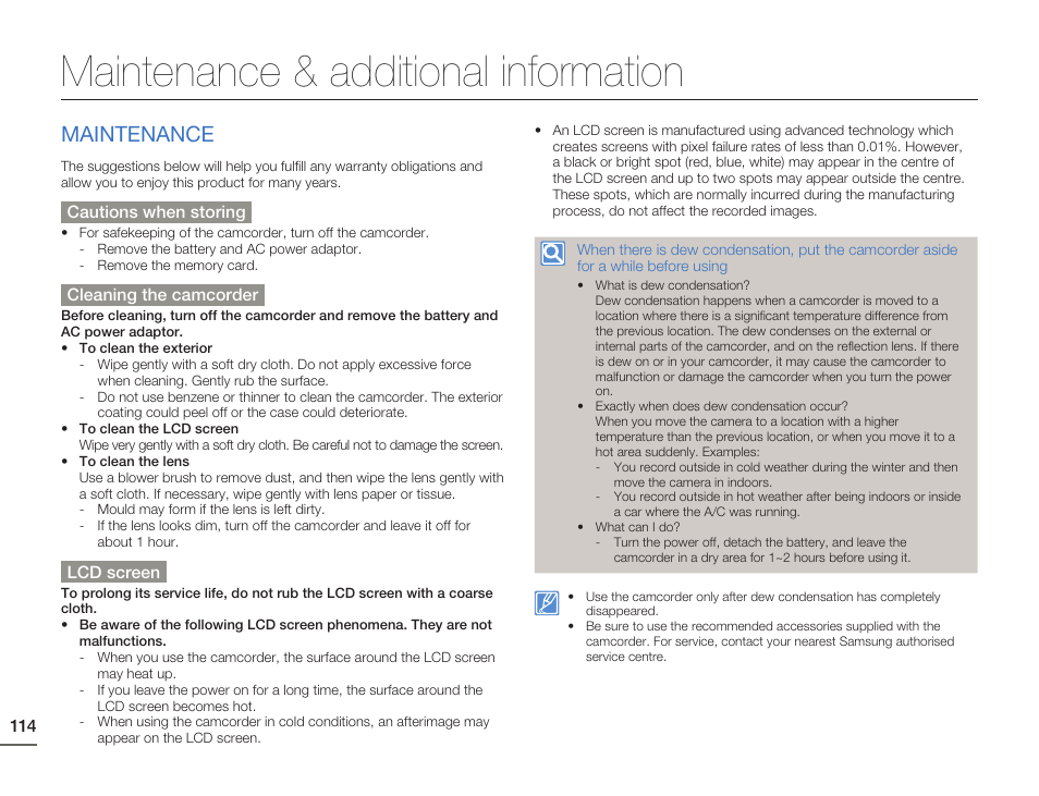 Maintenance & additional information, Maintenance | Samsung HMX-H405BP User Manual | Page 114 / 121
