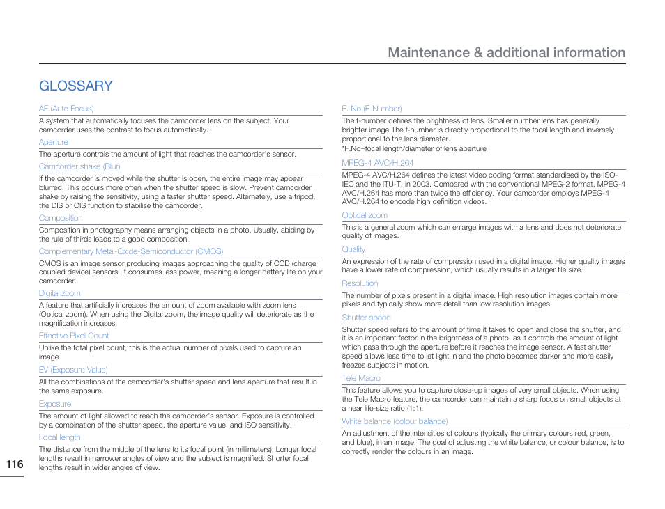 Glossary, Maintenance & additional information | Samsung HMX-H405BP User Manual | Page 116 / 121