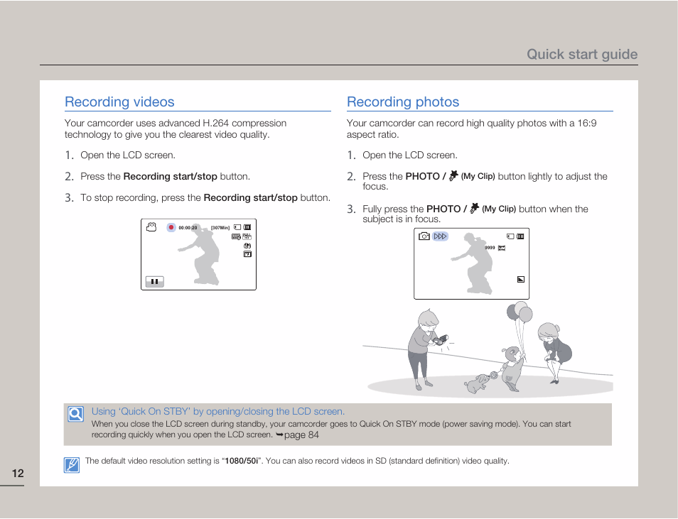 Recording videos, Recording photos, Quick start guide | Samsung HMX-H405BP User Manual | Page 12 / 121