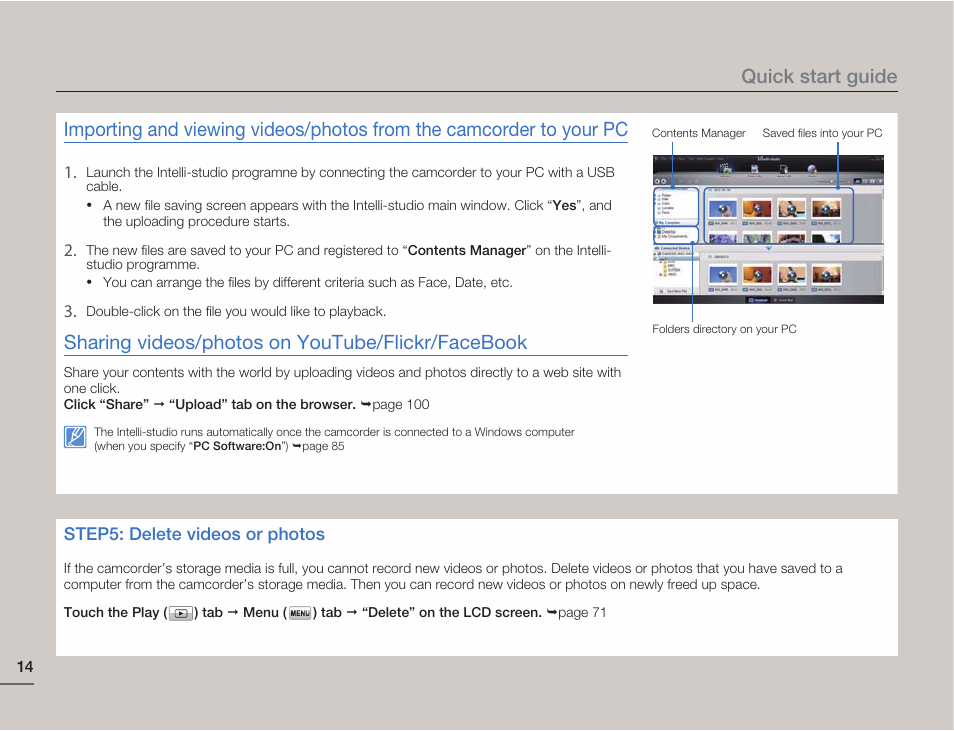 Sharing videos/photos on youtube/flickr/facebook, Quick start guide | Samsung HMX-H405BP User Manual | Page 14 / 121