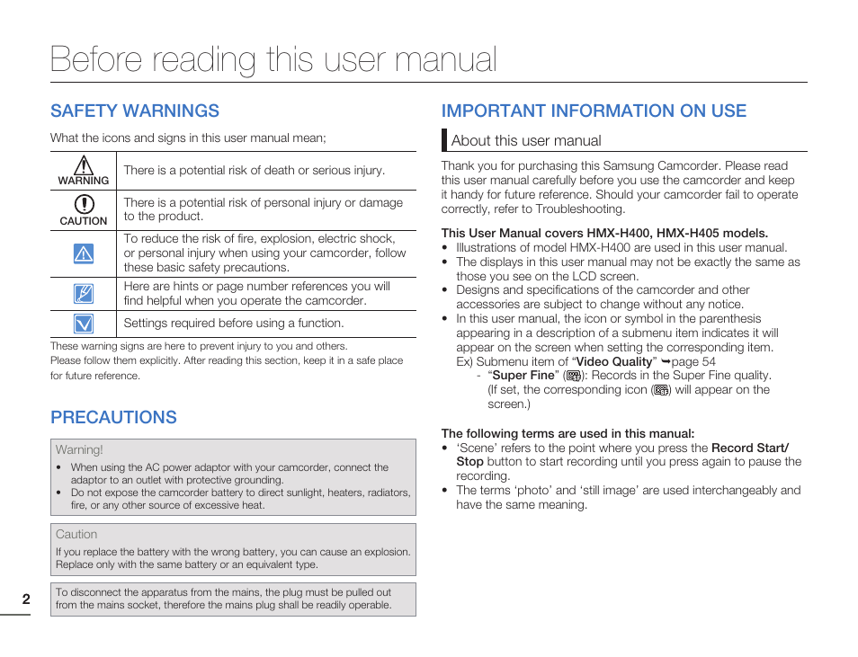 Before reading this user manual, Safety warnings, Precautions | Important information on use | Samsung HMX-H405BP User Manual | Page 2 / 121