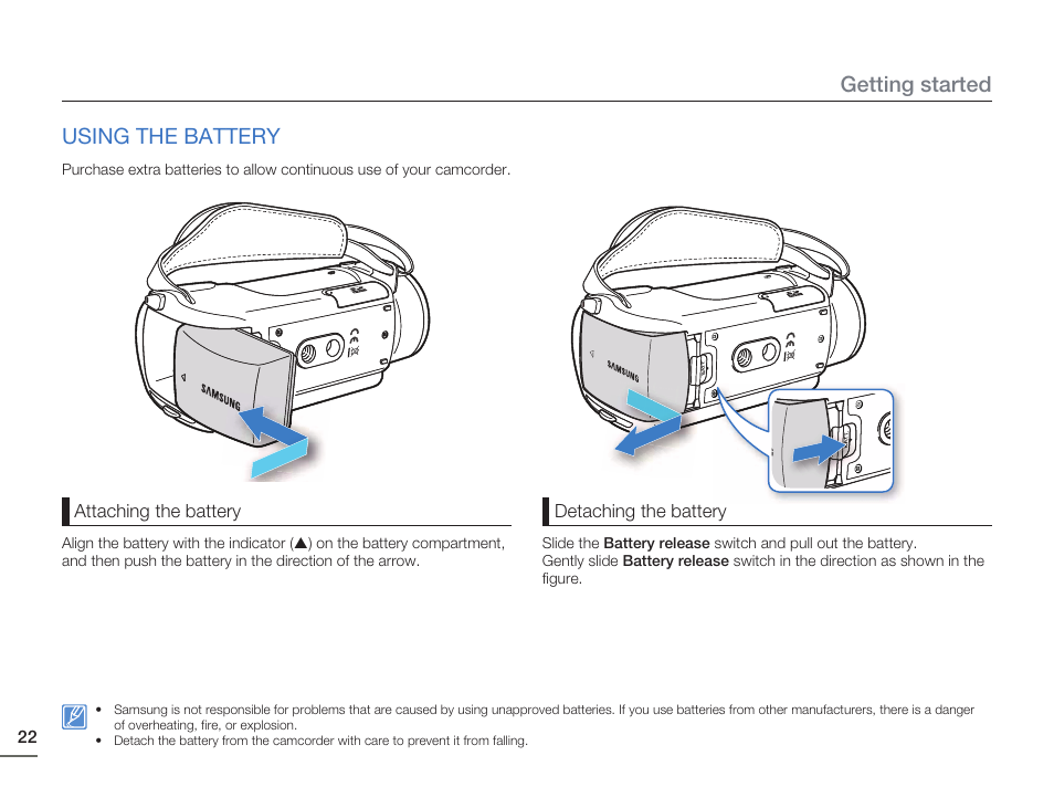 Using the battery | Samsung HMX-H405BP User Manual | Page 22 / 121