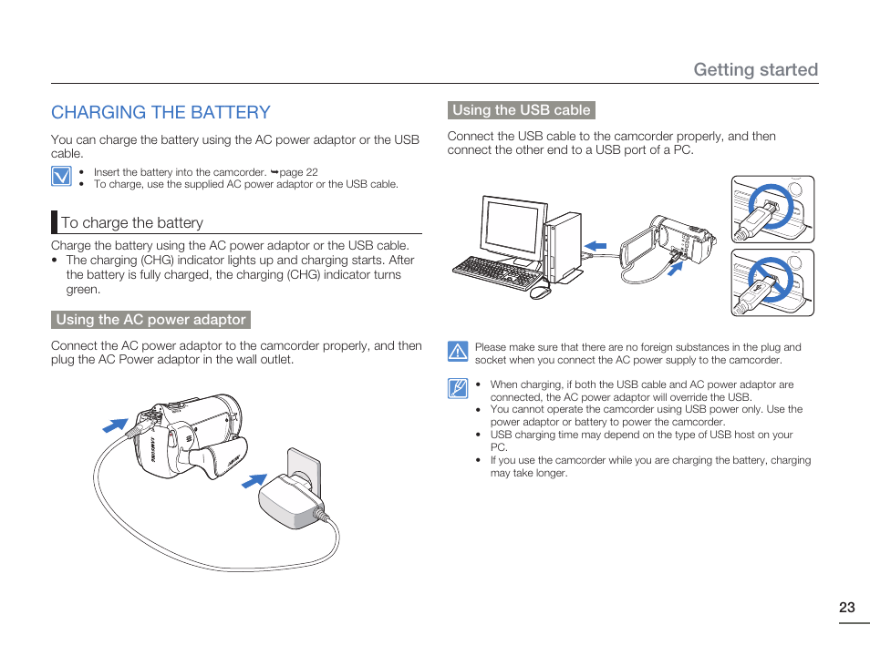 Charging the battery, Getting started charging the battery | Samsung HMX-H405BP User Manual | Page 23 / 121