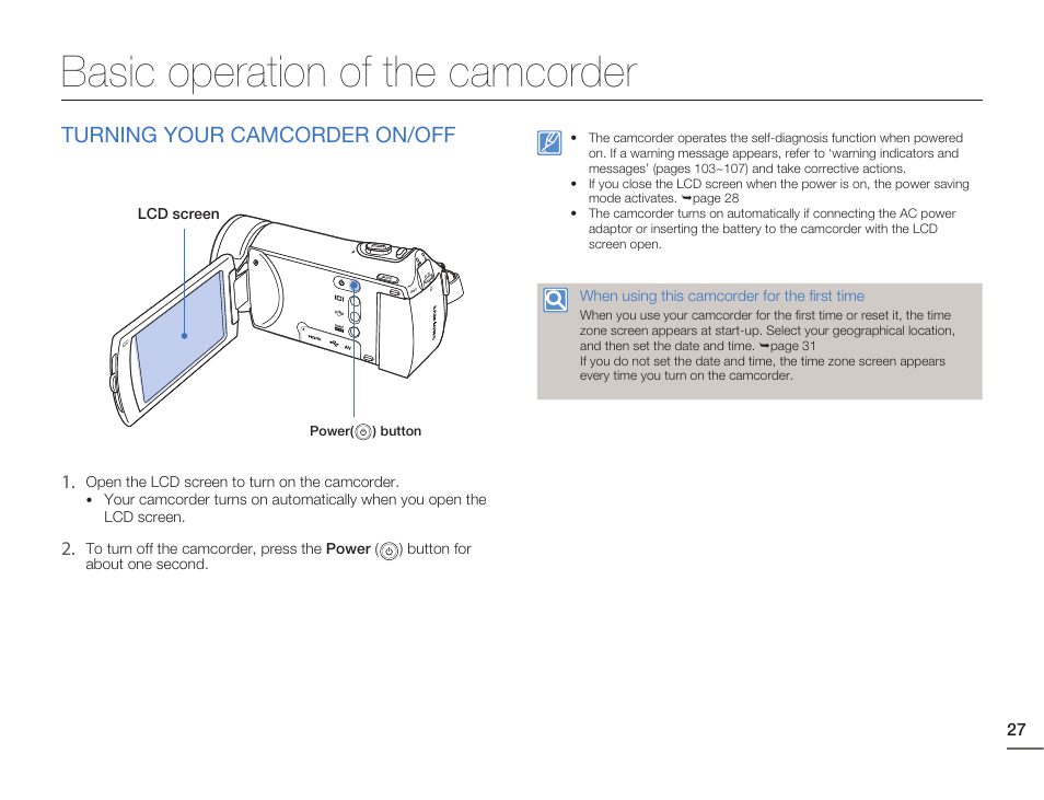 Basic operation of the camcorder, Turning your camcorder on/off | Samsung HMX-H405BP User Manual | Page 27 / 121