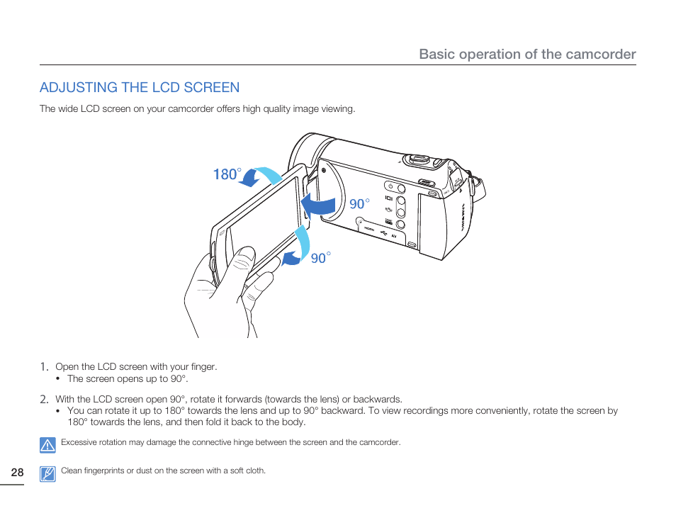 Adjusting the lcd screen | Samsung HMX-H405BP User Manual | Page 28 / 121