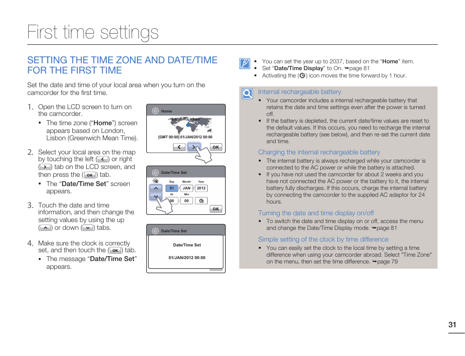 First time settings | Samsung HMX-H405BP User Manual | Page 31 / 121