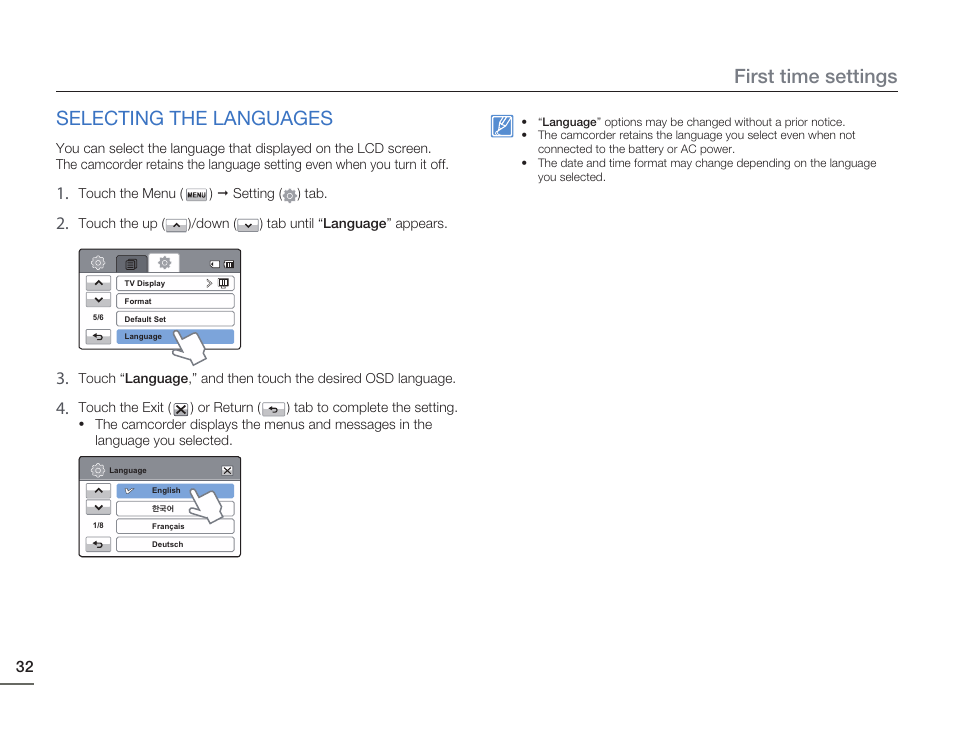 Selecting the languages, First time settings | Samsung HMX-H405BP User Manual | Page 32 / 121