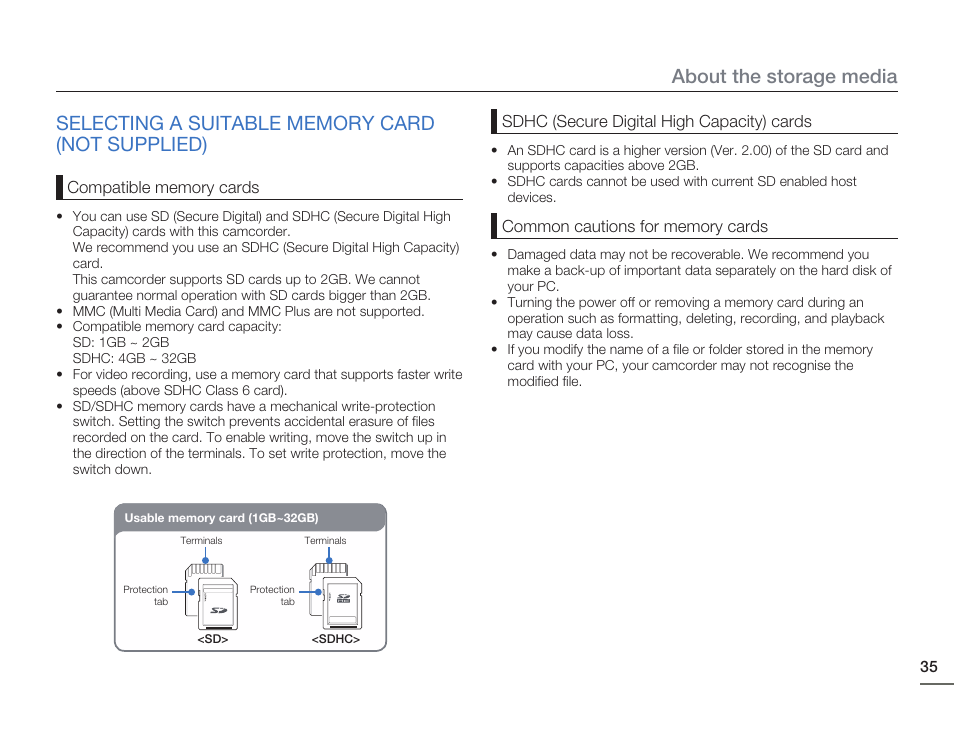 Selecting a suitable memory card(not supplied), About the storage media | Samsung HMX-H405BP User Manual | Page 35 / 121