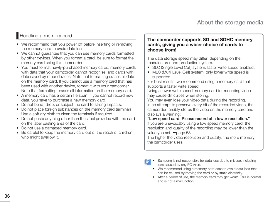About the storage media | Samsung HMX-H405BP User Manual | Page 36 / 121