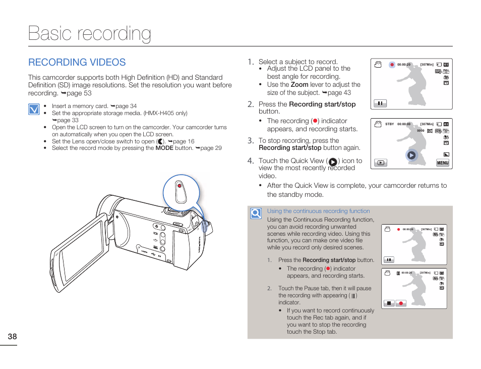Basic recording, Recording videos | Samsung HMX-H405BP User Manual | Page 38 / 121