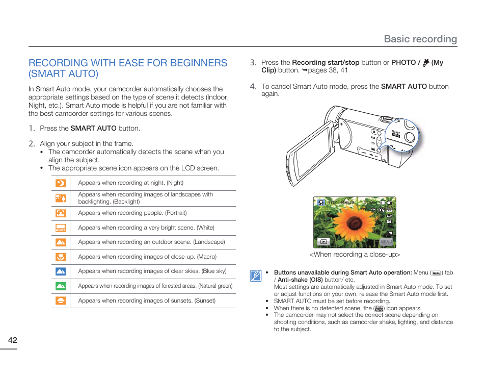 Recording with ease for beginners(smart auto), Recording with ease for beginners (smart auto), Basic recording | Samsung HMX-H405BP User Manual | Page 42 / 121