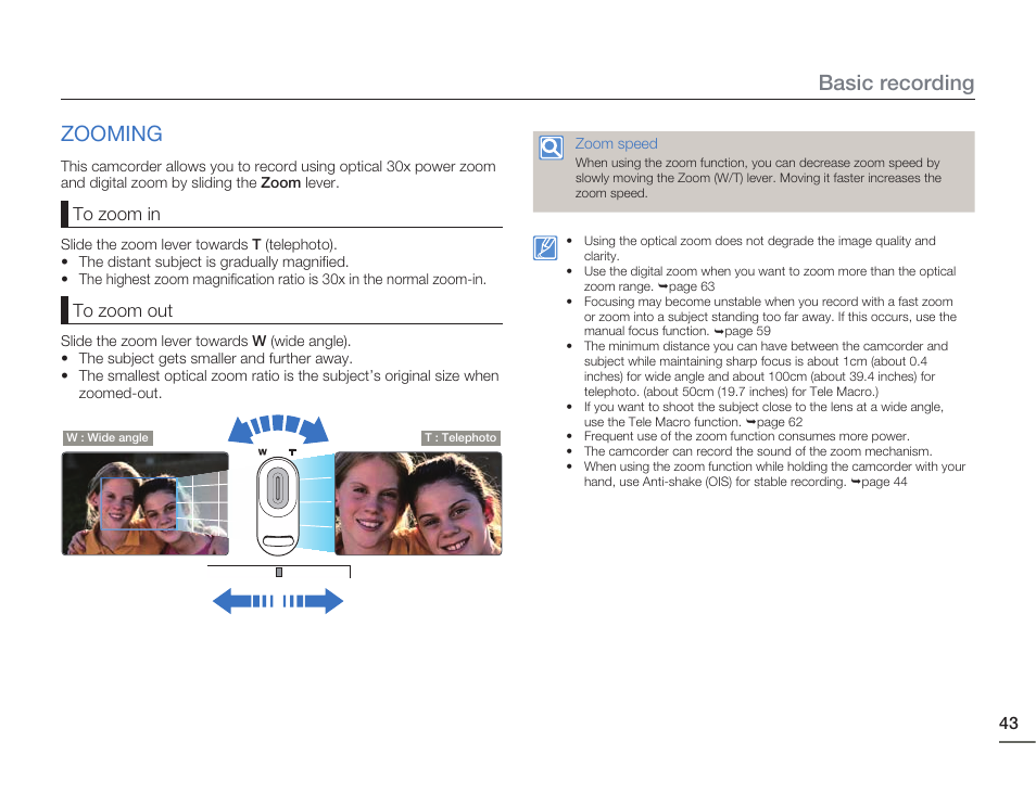 Zooming, Basic recording | Samsung HMX-H405BP User Manual | Page 43 / 121