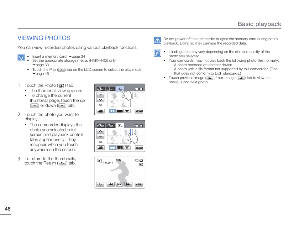 Viewing photos, Basic playback | Samsung HMX-H405BP User Manual | Page 48 / 121