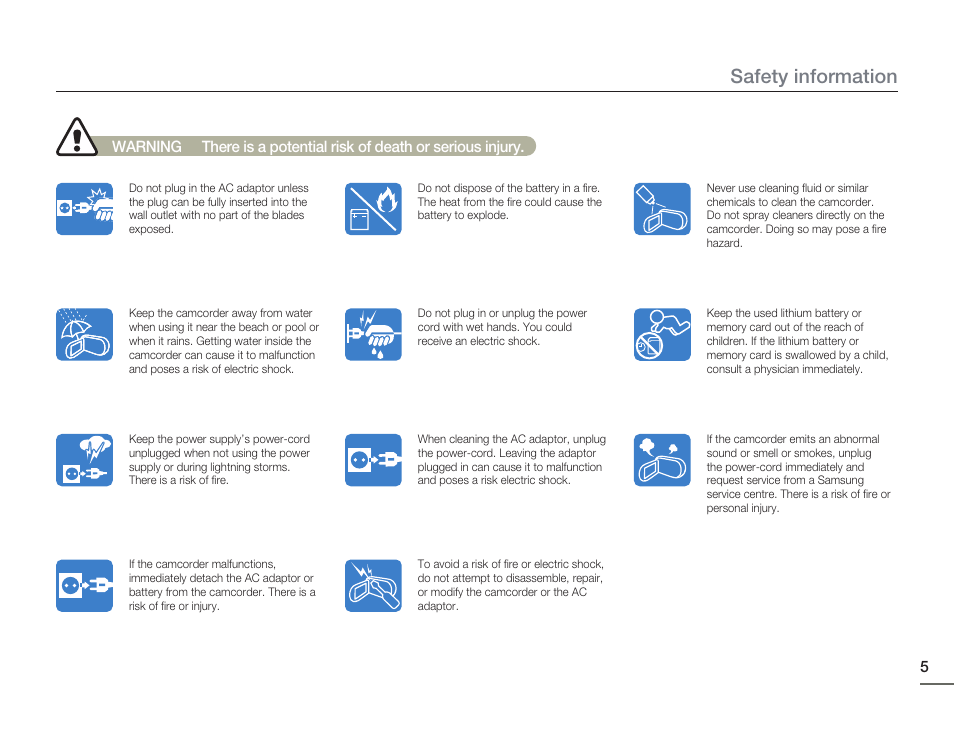Safety information | Samsung HMX-H405BP User Manual | Page 5 / 121