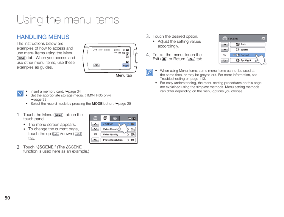 Using the menu items, Handling menus | Samsung HMX-H405BP User Manual | Page 50 / 121