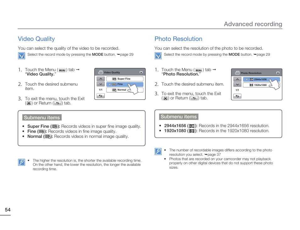 Video quality, Photo resolution, Advanced recording video quality | Samsung HMX-H405BP User Manual | Page 54 / 121