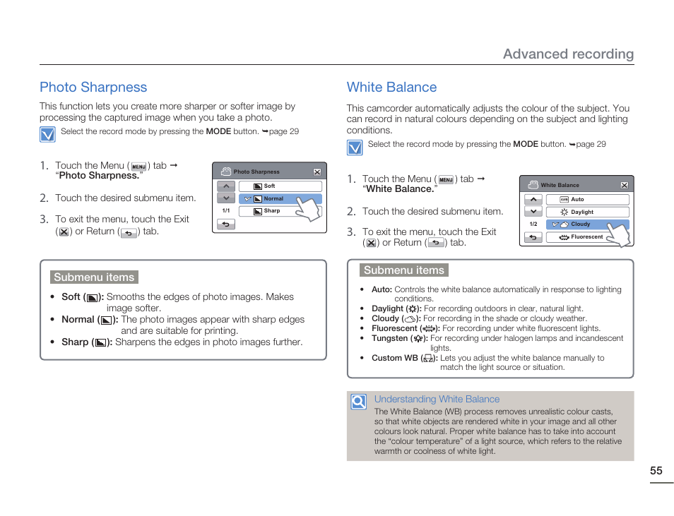 Photo sharpness, White balance, Advanced recording photo sharpness | Samsung HMX-H405BP User Manual | Page 55 / 121