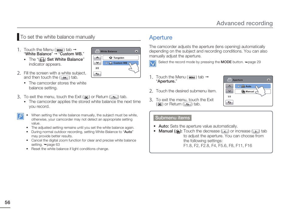 Aperture, Advanced recording | Samsung HMX-H405BP User Manual | Page 56 / 121