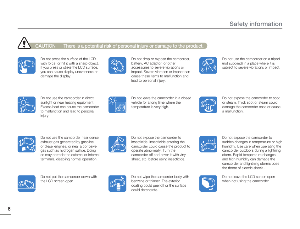 Caution, Safety information | Samsung HMX-H405BP User Manual | Page 6 / 121