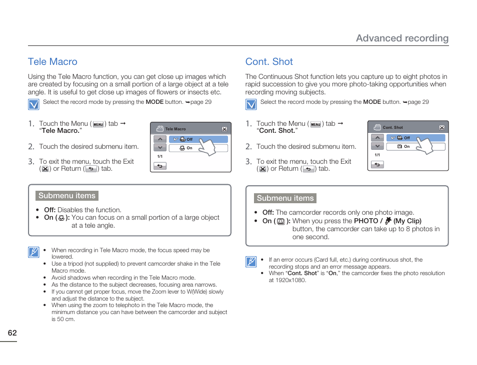Tele macro, Cont. shot, Advanced recording tele macro | Samsung HMX-H405BP User Manual | Page 62 / 121