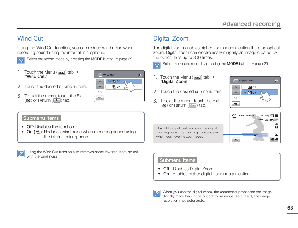 Wind cut, Digital zoom, Advanced recording wind cut | Samsung HMX-H405BP User Manual | Page 63 / 121