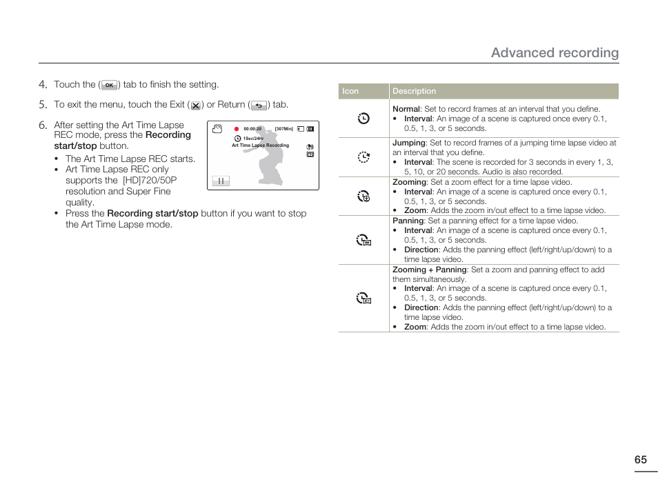 Advanced recording | Samsung HMX-H405BP User Manual | Page 65 / 121
