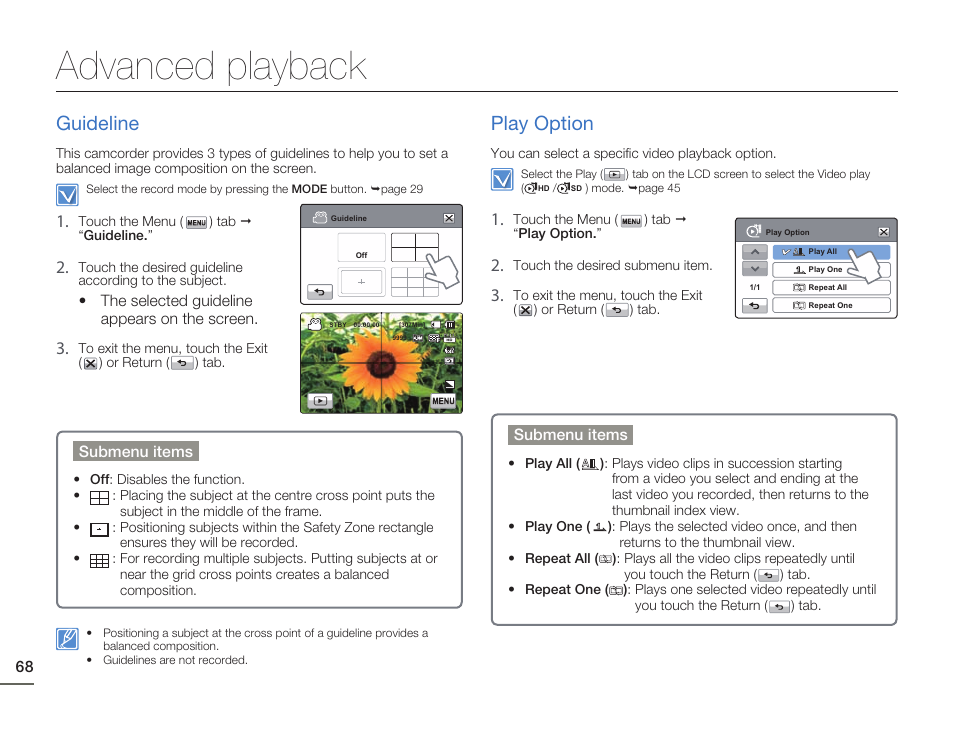 Guideline, Advanced playback, Play option | Samsung HMX-H405BP User Manual | Page 68 / 121