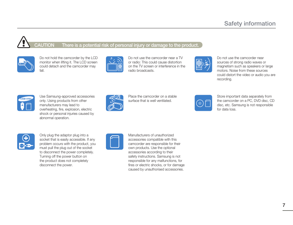 Safety information | Samsung HMX-H405BP User Manual | Page 7 / 121