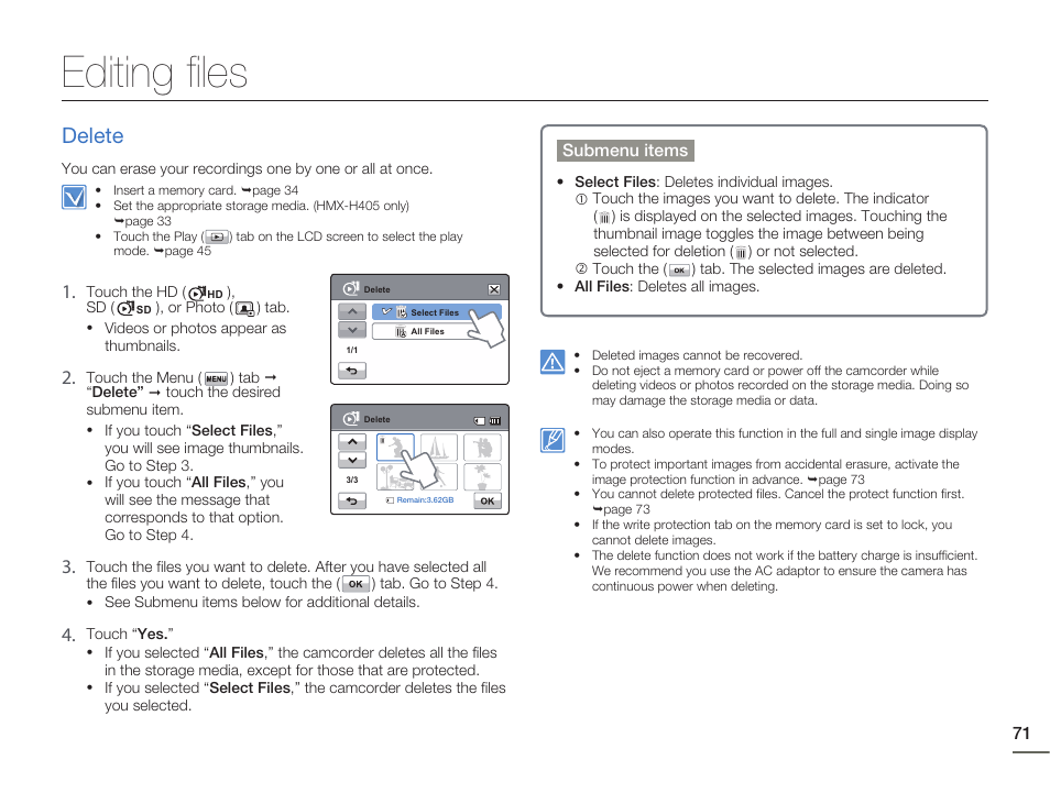 Editing files, Delete | Samsung HMX-H405BP User Manual | Page 71 / 121