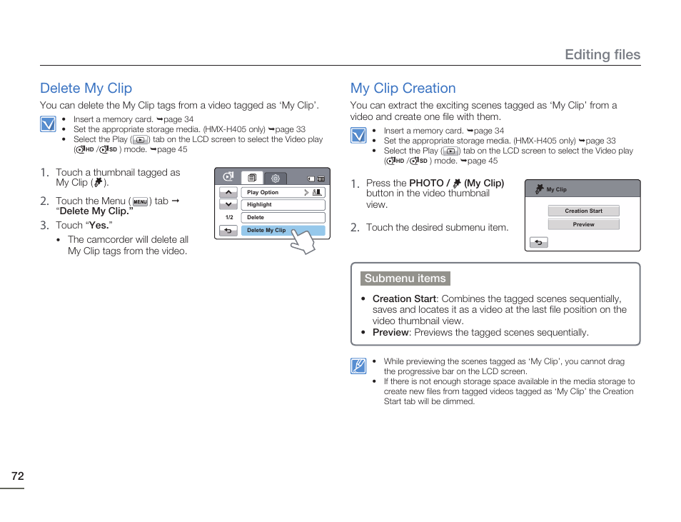 Delete my clip, My clip creation, Editing files | Samsung HMX-H405BP User Manual | Page 72 / 121