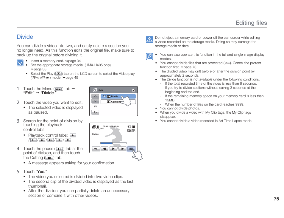 Divide, Editing files divide | Samsung HMX-H405BP User Manual | Page 75 / 121