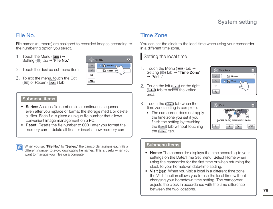 File no, Time zone, System setting file no | Samsung HMX-H405BP User Manual | Page 79 / 121