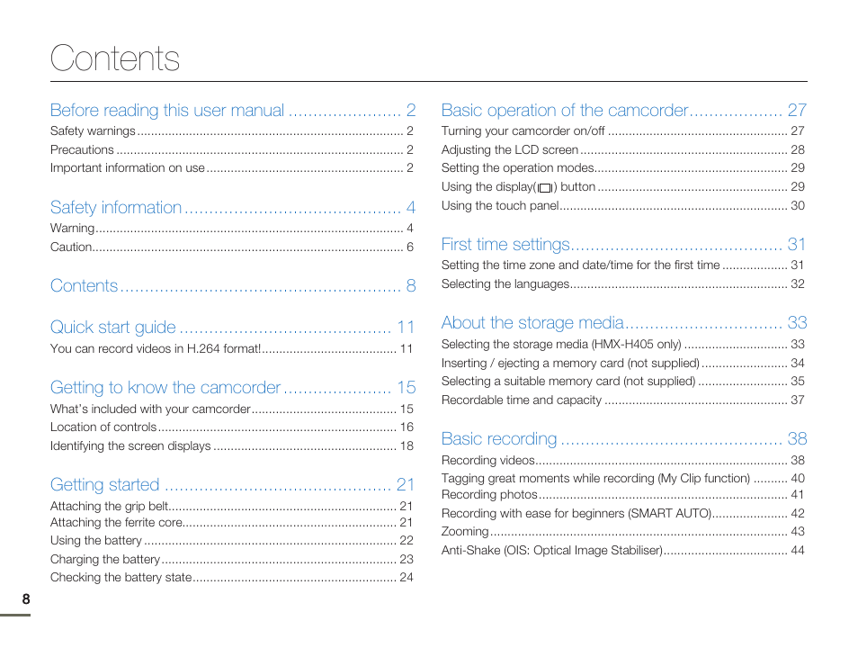 Samsung HMX-H405BP User Manual | Page 8 / 121